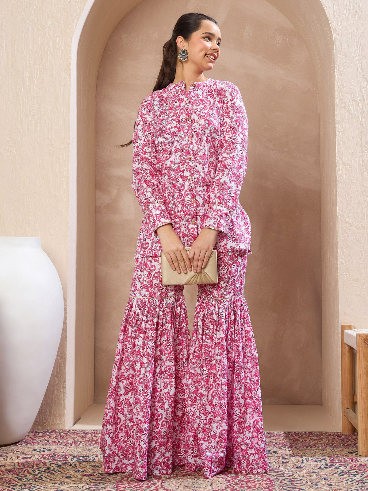 Girls Pink & White Floral Button Top With Sharara Pants-NVSETS96195
