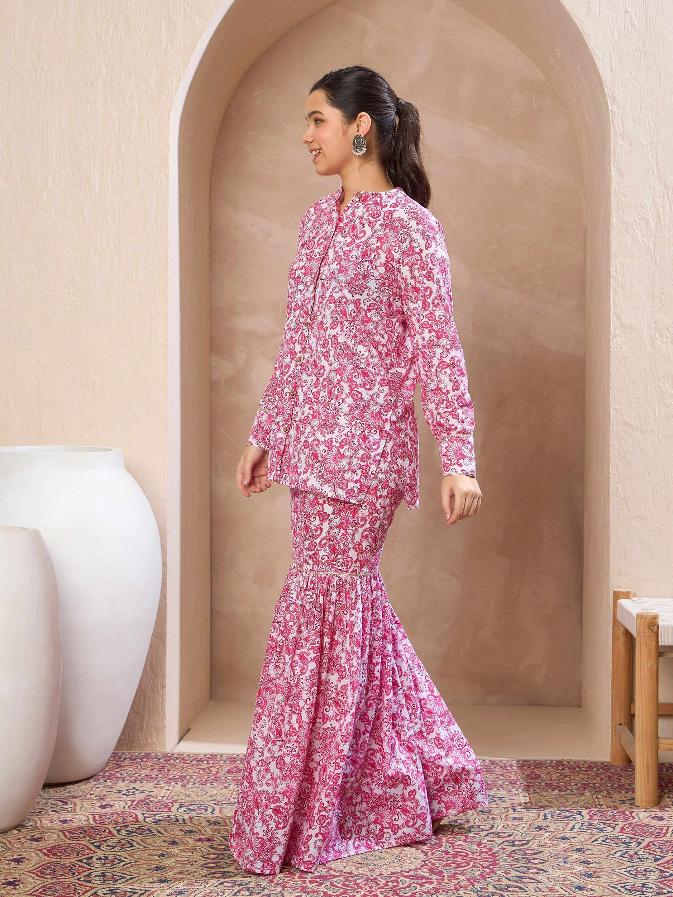 Girls Pink & White Floral Button Top With Sharara Pants-NVSETS96195