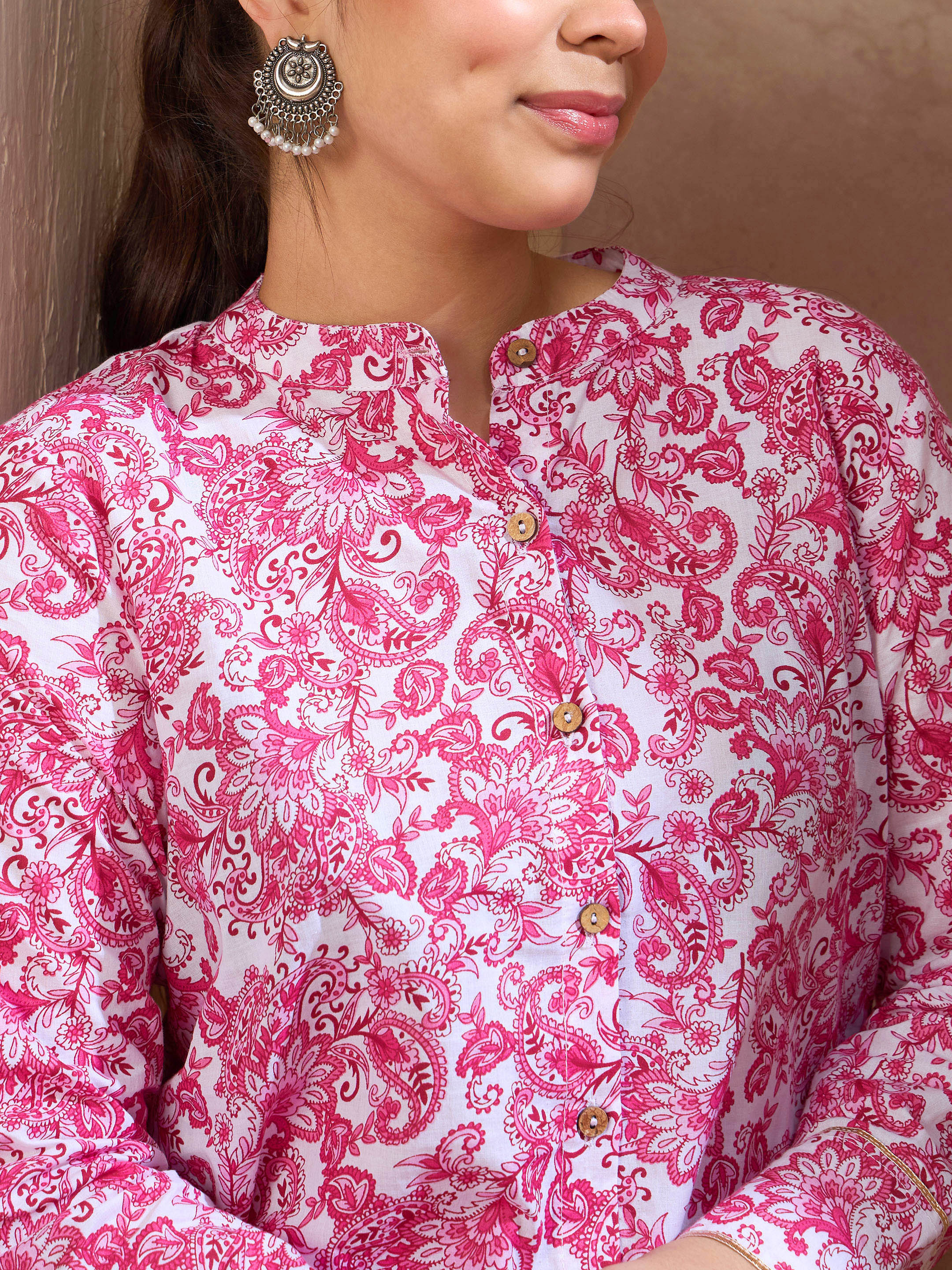 Girls Pink & White Floral Button Top With Sharara Pants-NVSETS96195