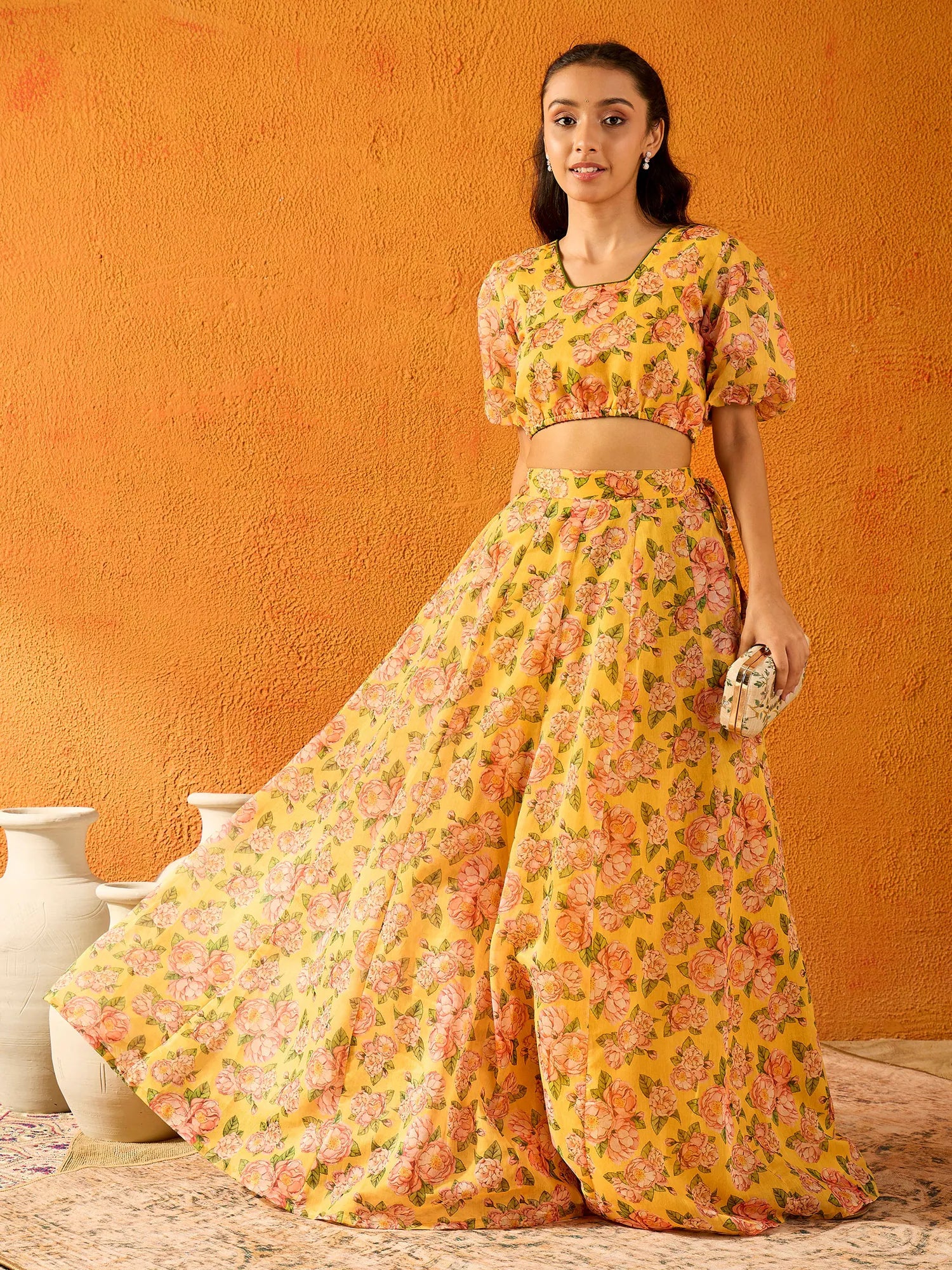 Girls Yellow Floral Skirt Crop Top Indian Wear for Girls