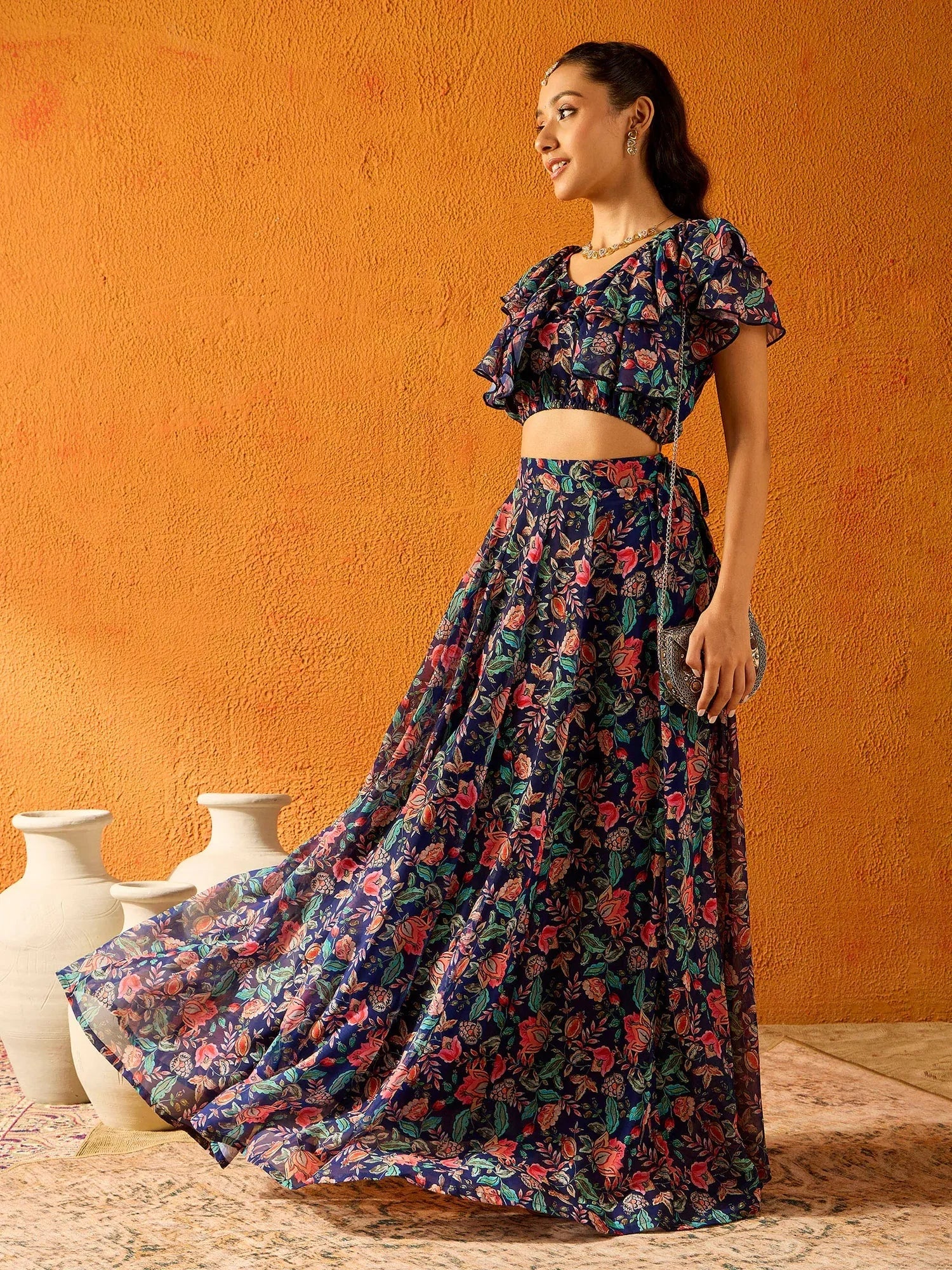 Navy Floral Skirt & Crop Top - Girls Indian Wear Outfits