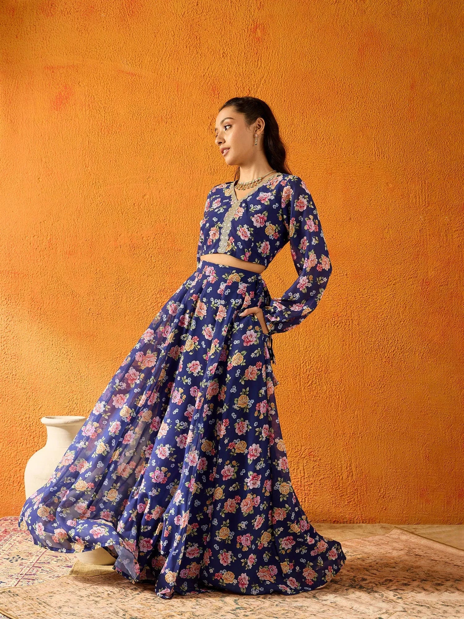 Blue Floral Girls Indian Wear Skirt Set | Ethnic Dresses