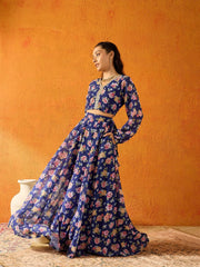 Girls Blue Floral Skirt With Crop Top-NVSETS9949