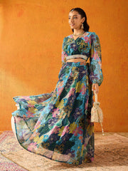 Girls Blue Multi Floral Skirt With Crop Top-NVSETS9954