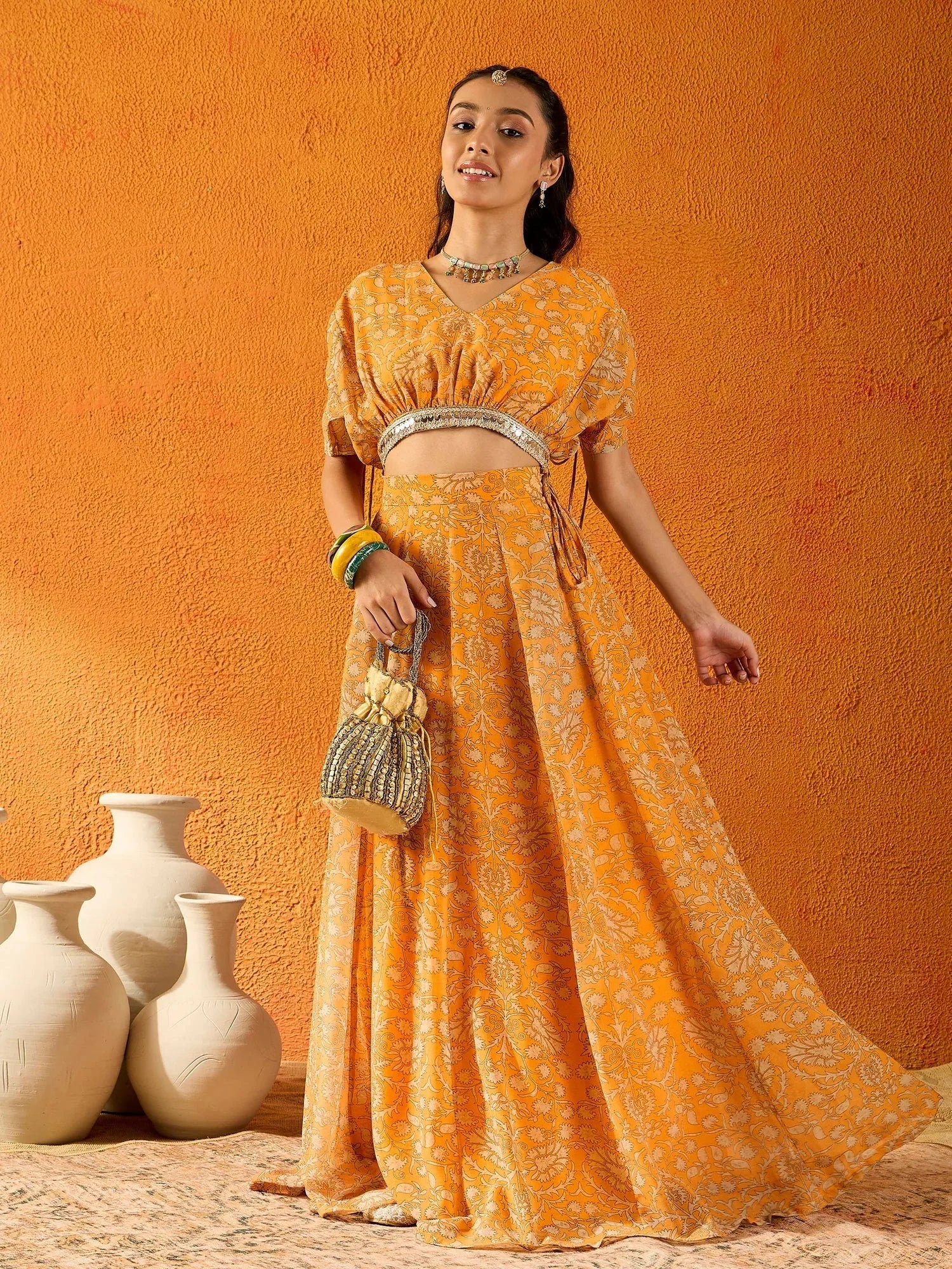 Yellow & Beige Floral Skirt Set - Girls Indian Outfits