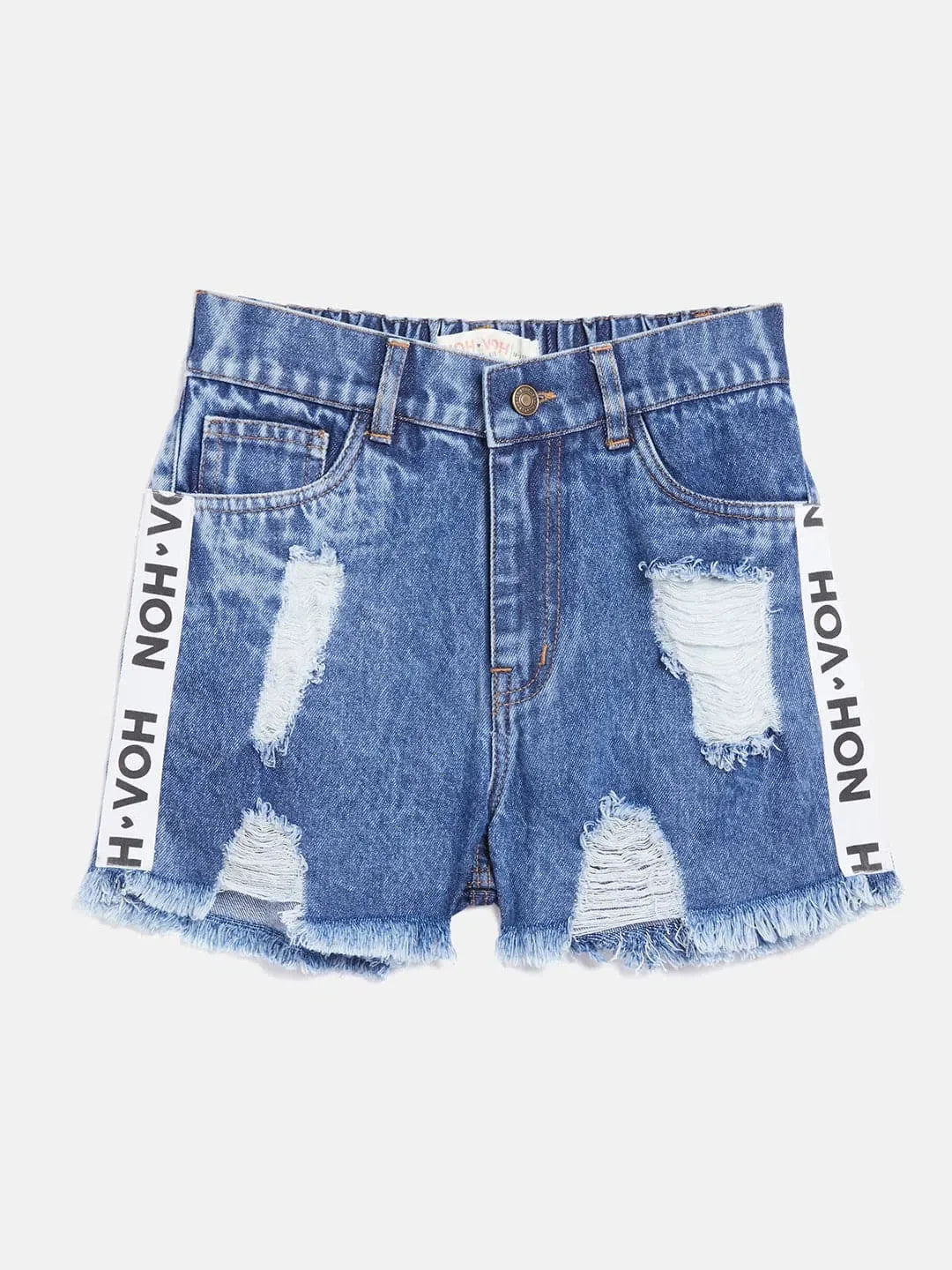 Girls Denim Shorts - Blue Side Tape Raw Hem Kids Clothing