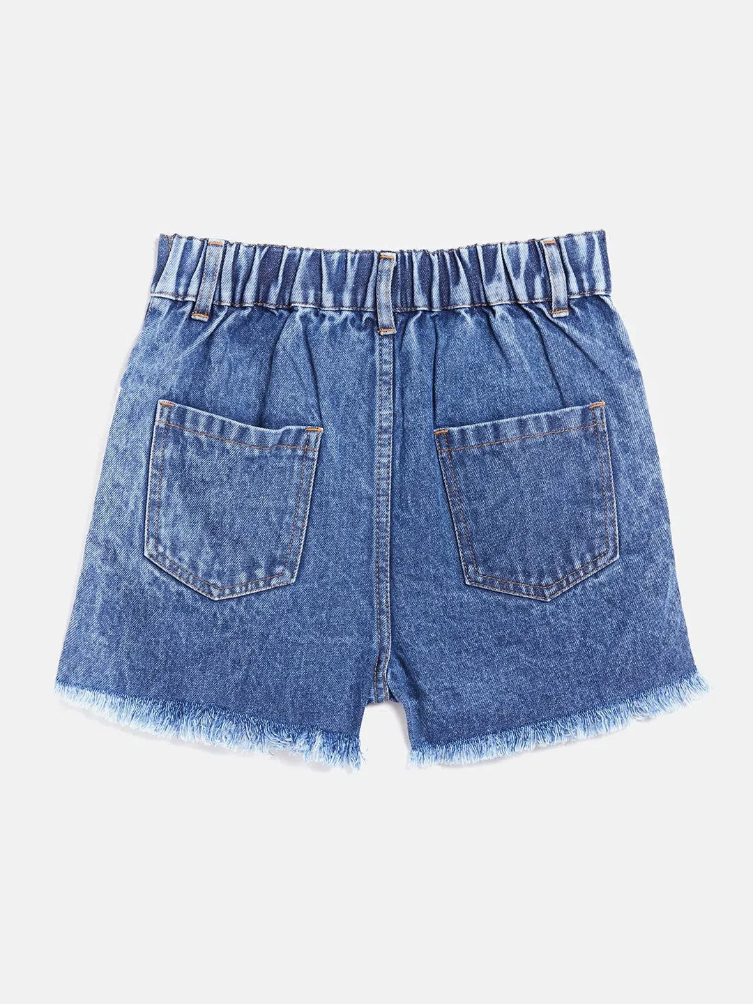 Girls Denim Shorts - Blue Side Tape Raw Hem Kids Clothing