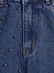Girls Blue Raw Hem One Side Pearl Denim Shorts