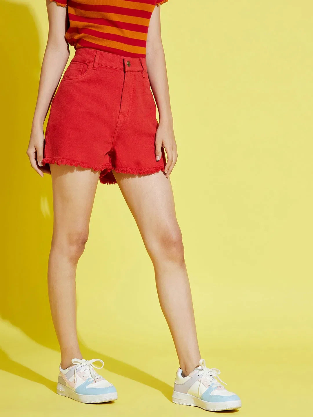 Girls Red Denim Shorts - Raw Hem, Side Tape Detail