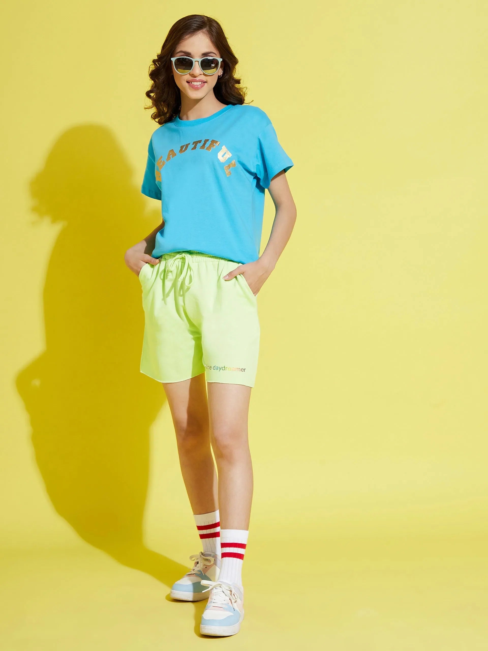 Girls Green Terry Full-Time-Day-Dreamer Baseball Shorts