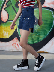 Girls Navy Front Patch Pocket Denim Shorts-NVSHOR90064