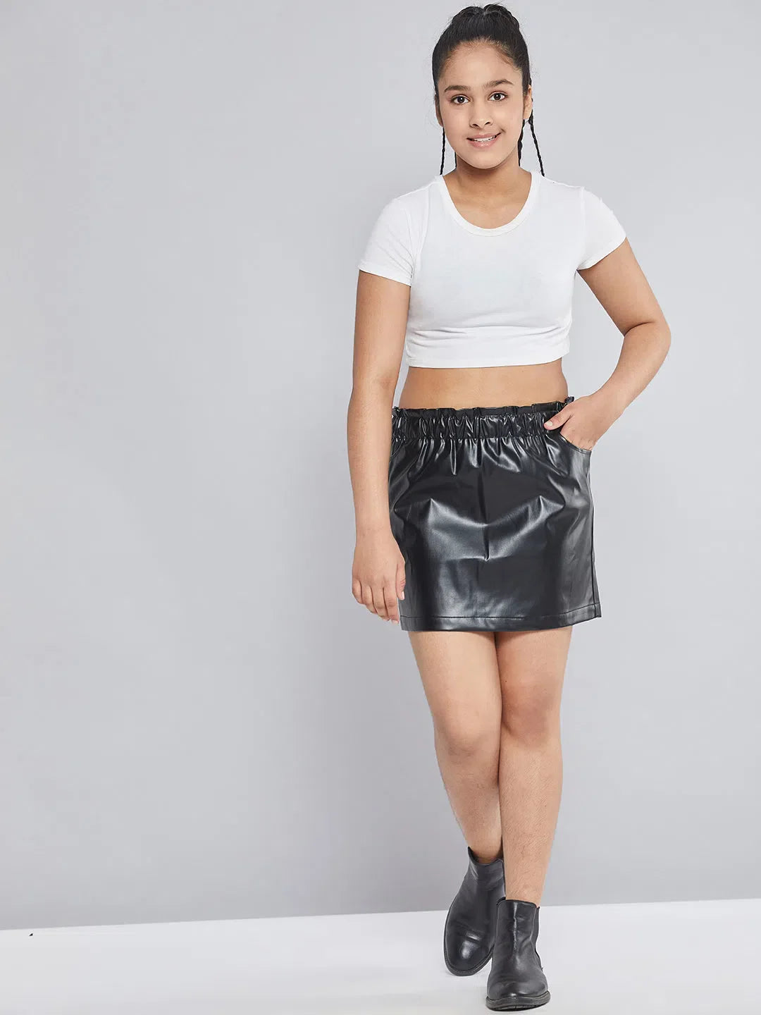 Girls Black PU Skirt - Kids Clothing, Paperbag Waist Style