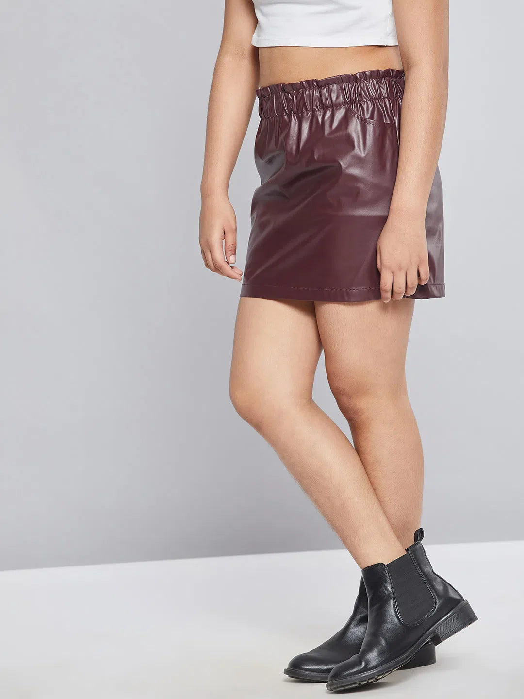 Maroon Paperbag Waist PU Skirt - Stylish Girls Kids Clothing
