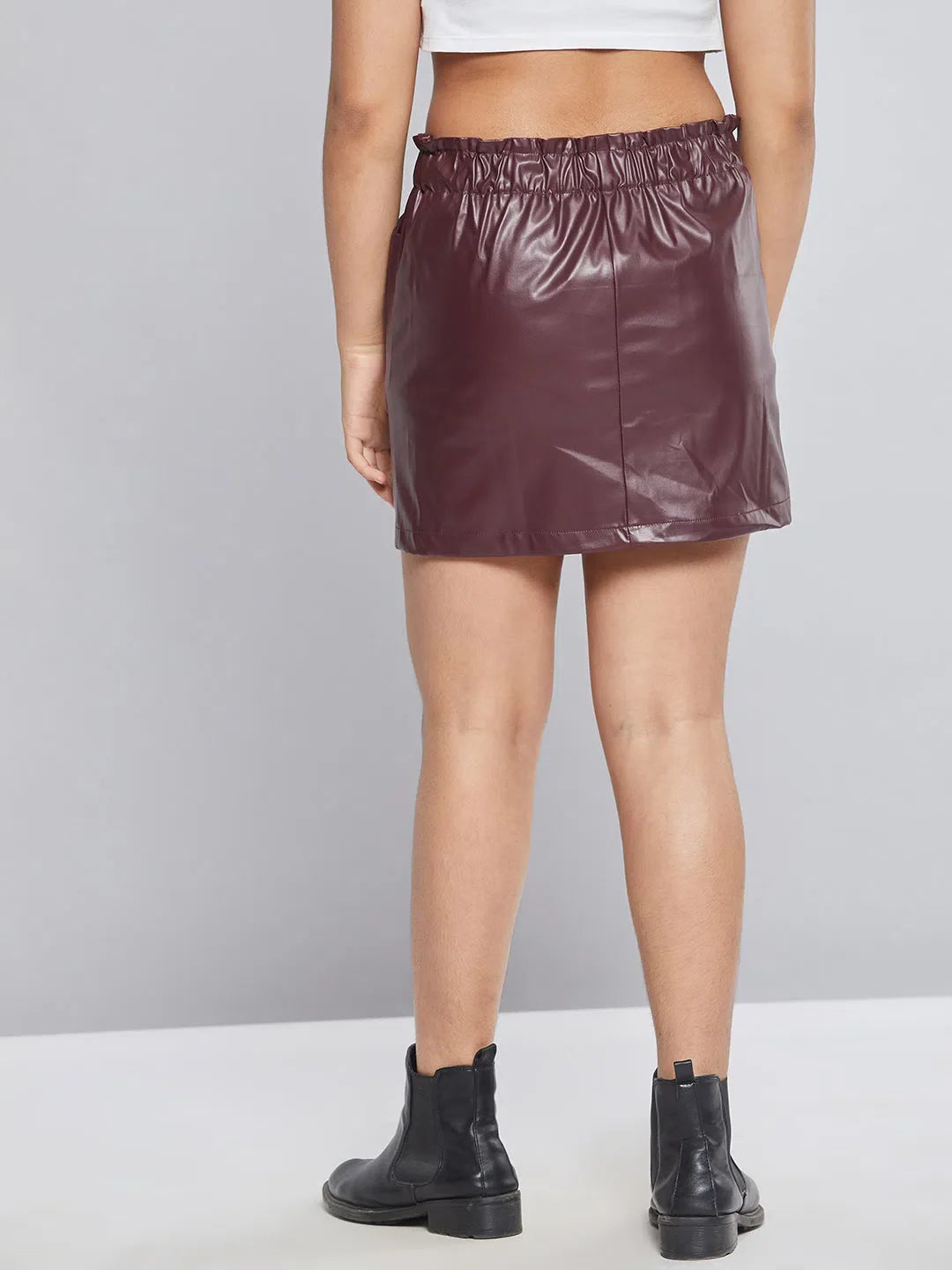 Maroon Paperbag Waist PU Skirt - Stylish Girls Kids Clothing