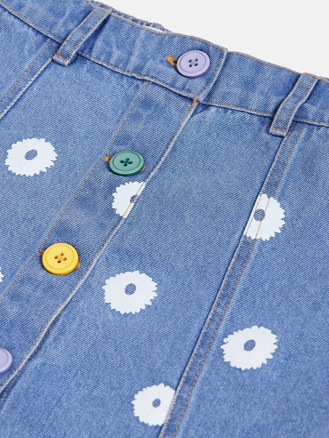 Girls Ice Blue Flower Print Denim Skirt | Kids Clothing
