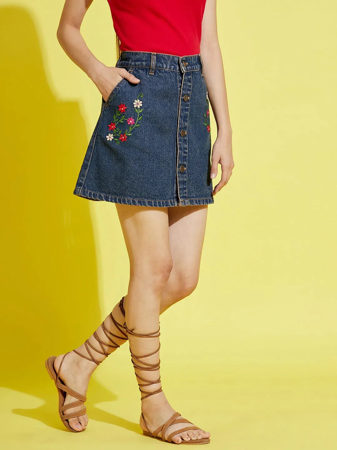 Girls Dark Blue Denim Mini Skirt - Embroidery Detail