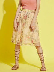 Girls Yellow Floral Tulle Gathered Skirt