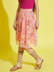 Girls Peach Floral Tulle Gathered Skirt