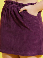 Girls Burgundy Corduroy Paper Bag Skirt-NVSKRT30227-8