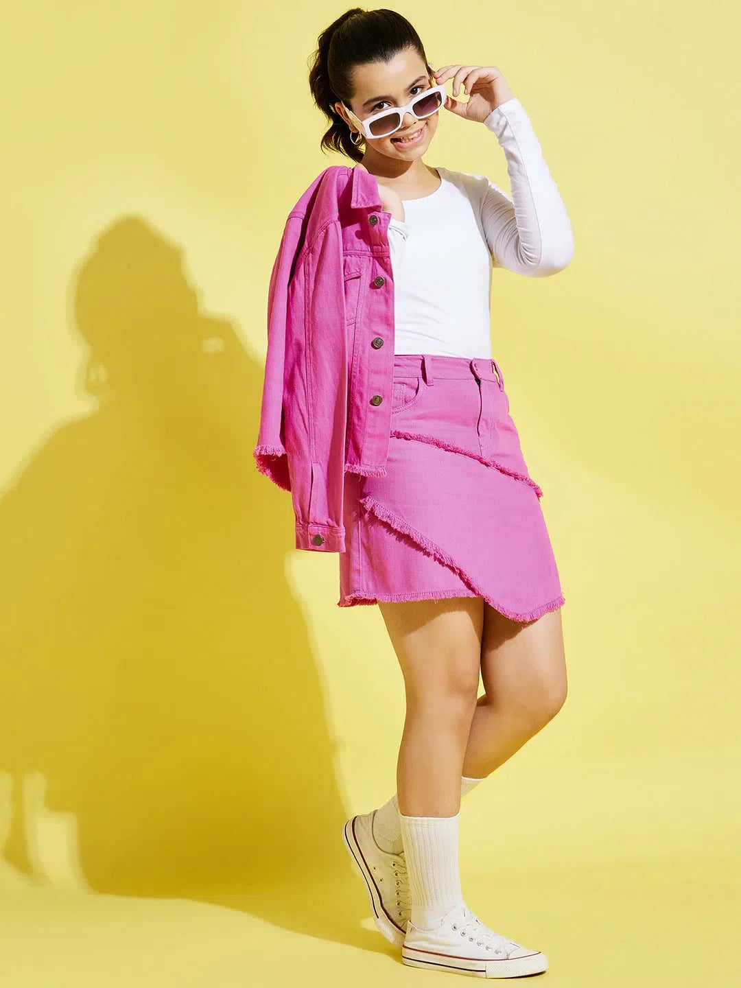 Girls Pink Denim Mini Skirt with Raw Hem | Kids Clothing