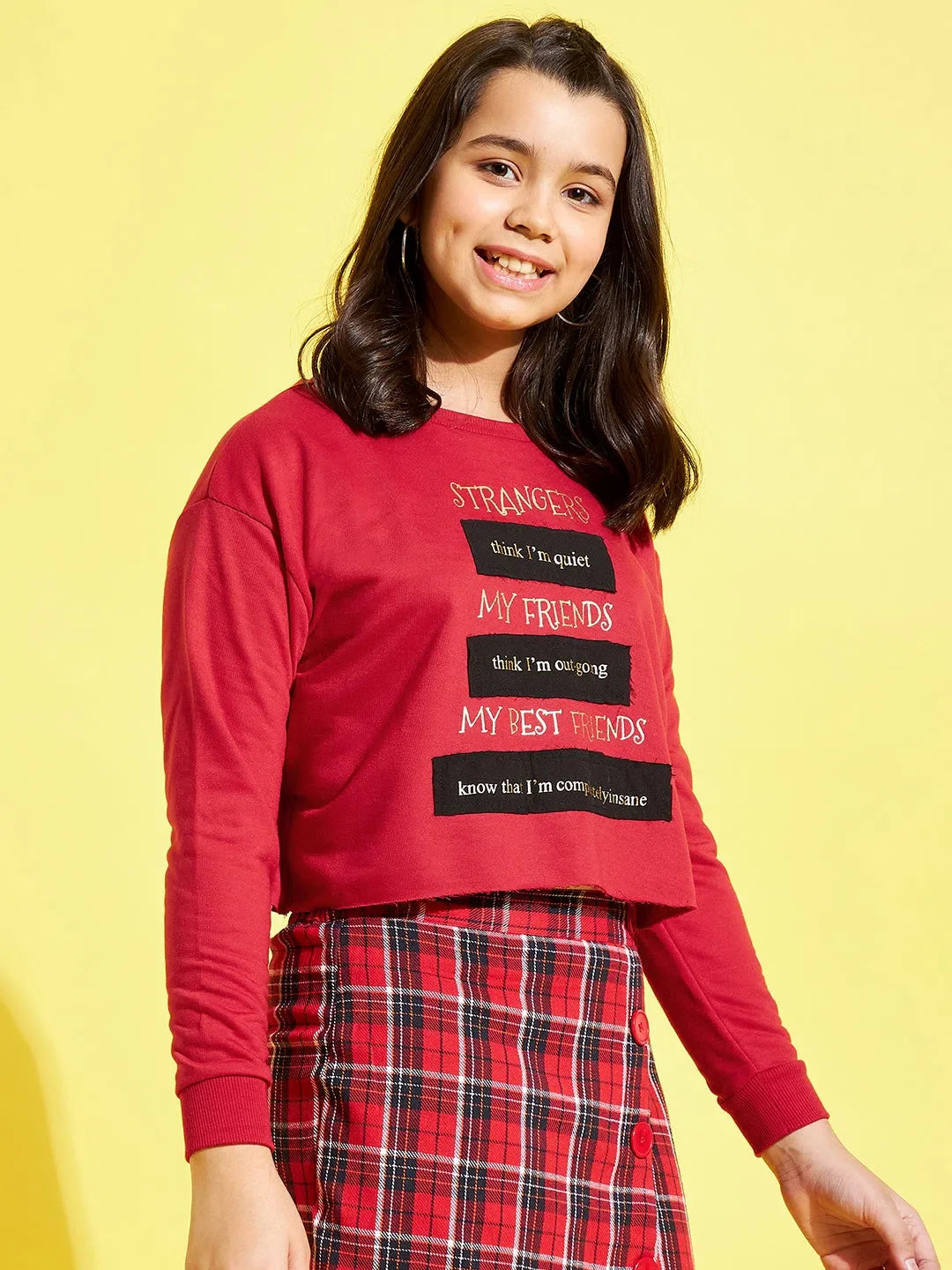 Girls Red Terry STRANGERS Sweatshirt | Trendy Kids Clothing