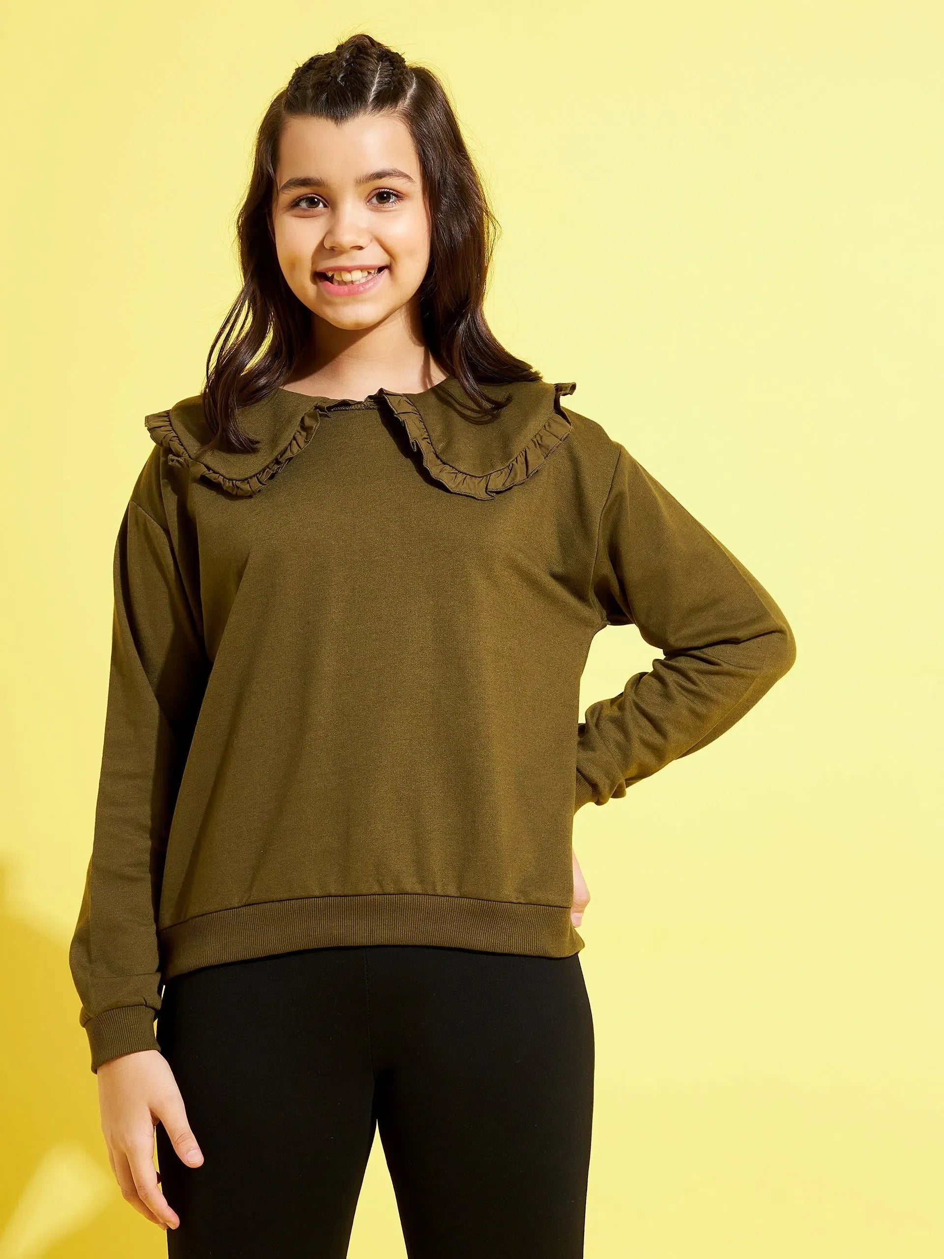 Girls Olive Sweatshirt - Puritan Collar, Kids Clothing Online