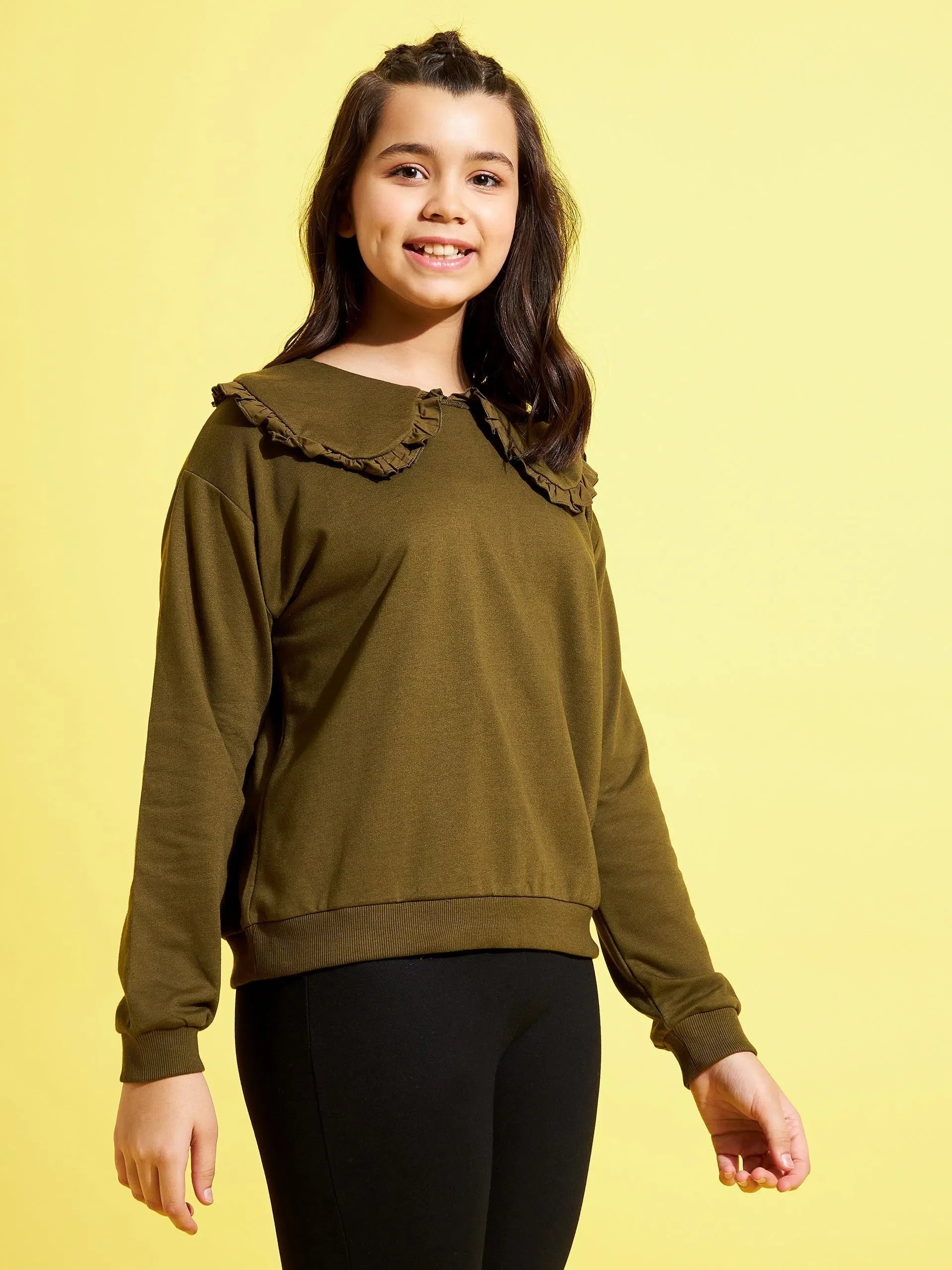 Girls Olive Sweatshirt - Puritan Collar, Kids Clothing Online