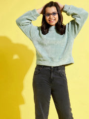 Girls Sea Green Fur High Neck Sweatshirt