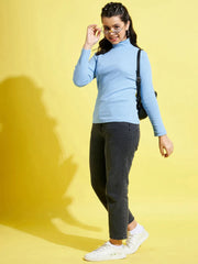 Girls Blue Rib High Neck Top
