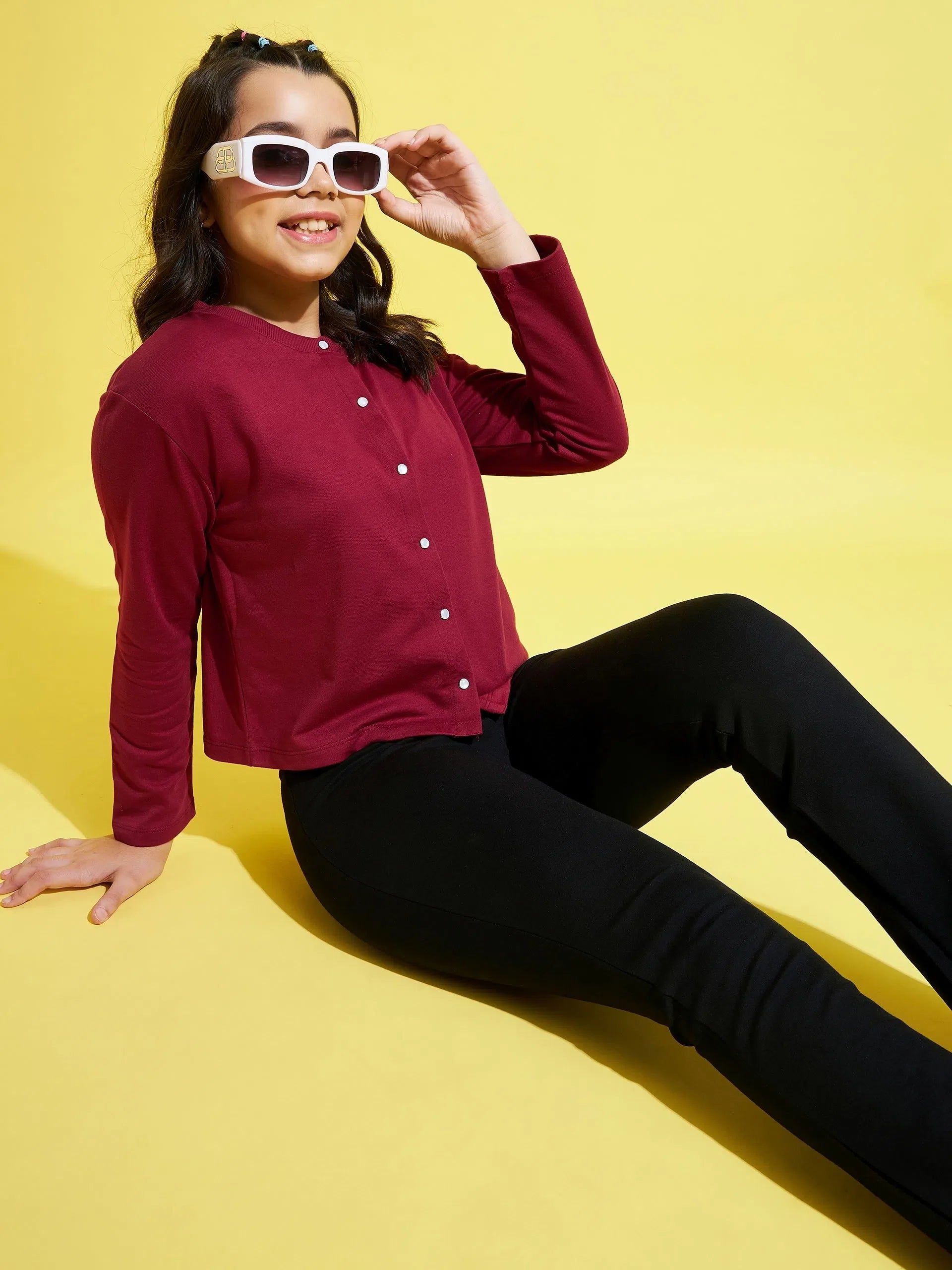 Girls Maroon Terry Top - Cute Boxy Top for Kids Clothing