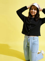 Girls Black Terry Front Button Boxy Top