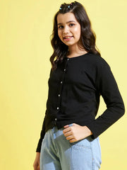Girls Black Terry Front Button Boxy Top