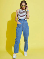 Girls Blue Multicolor Stripes Sleeveless Crop Rib Top