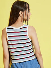 Girls Blue Multicolor Stripes Sleeveless Crop Rib Top