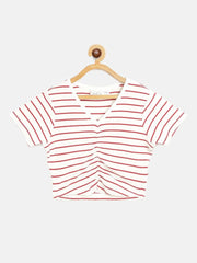 Girls White & Red Pinstripes Rouched Front Crop Rib Top