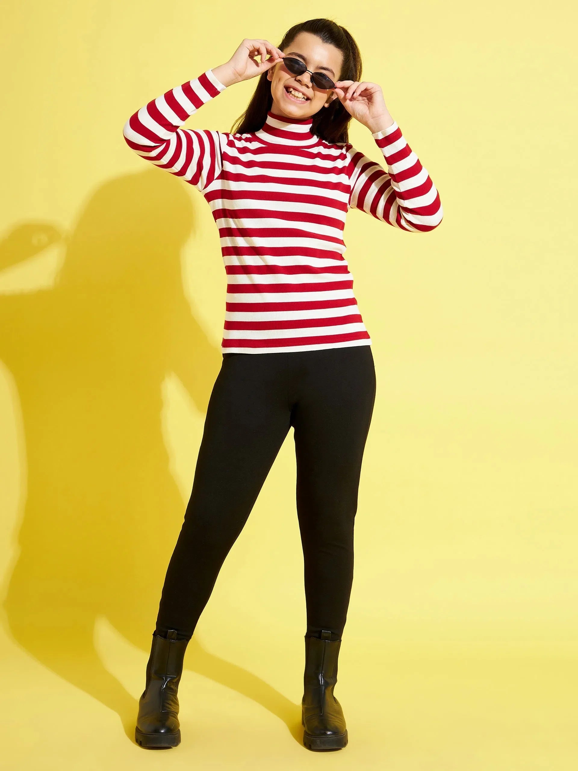 Red & White Stripes Top - Women's Western Wear, High Neck