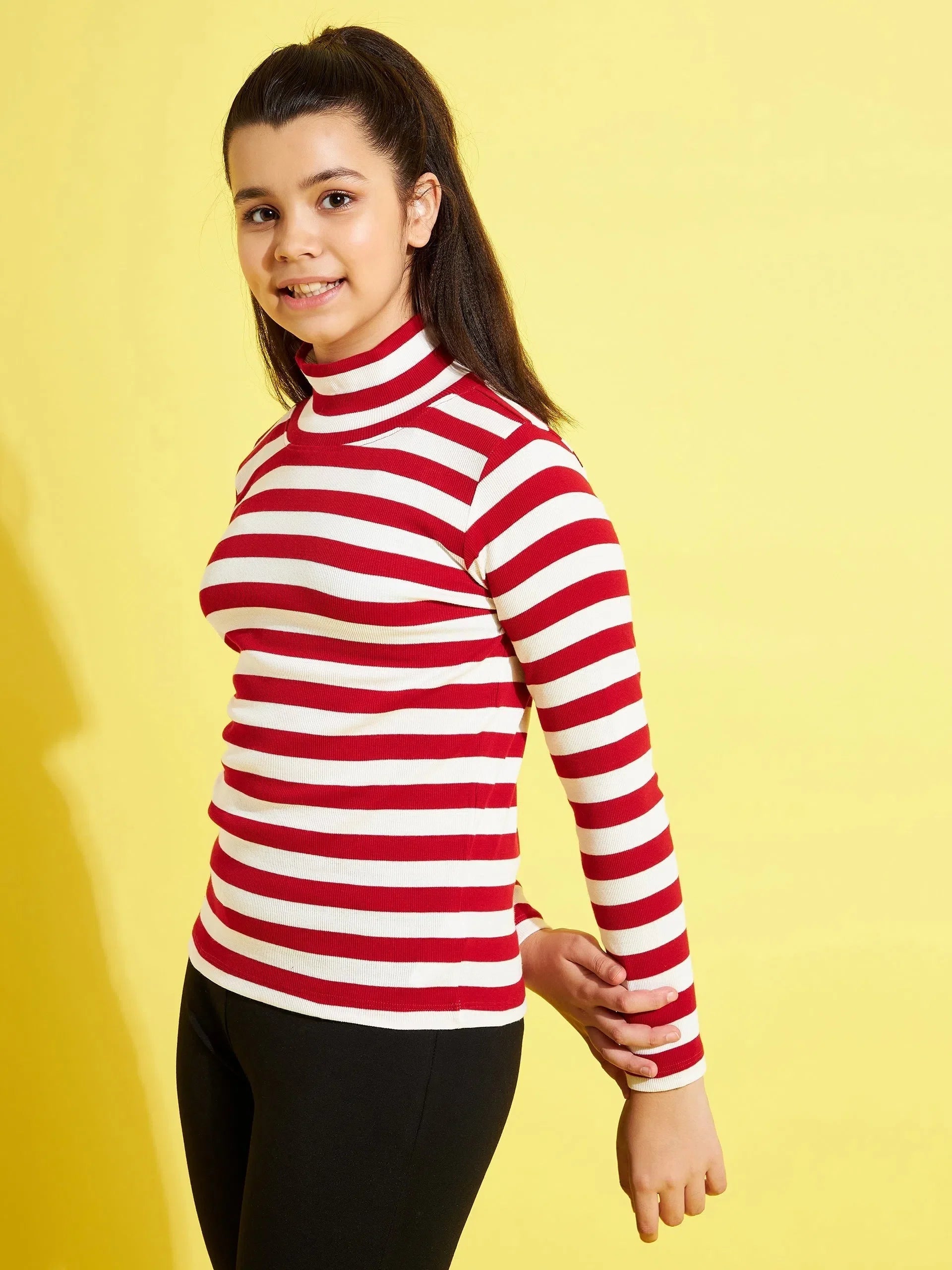 Red & White Stripes Top - Women's Western Wear, High Neck