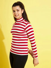 Girls Red & White Stripes Full Sleeve High Neck Rib Top