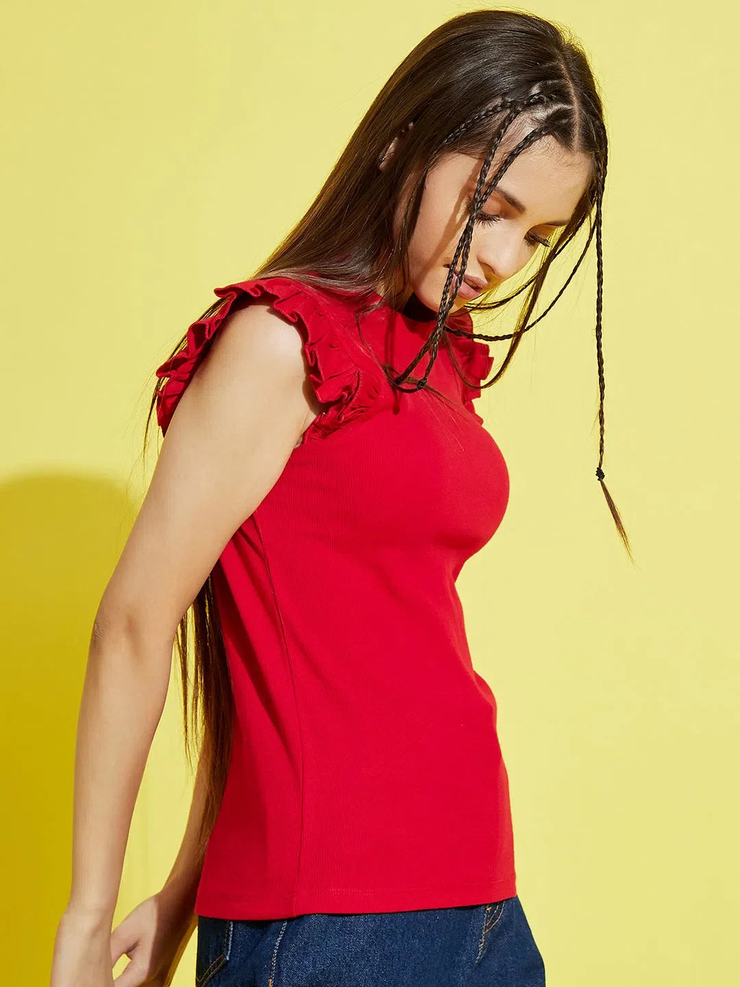 Girls Red Ruffled Sleeveless Top | Party Wear Lehenga