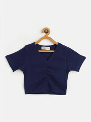 Girls Navy Rib Rouched Front Crop Top
