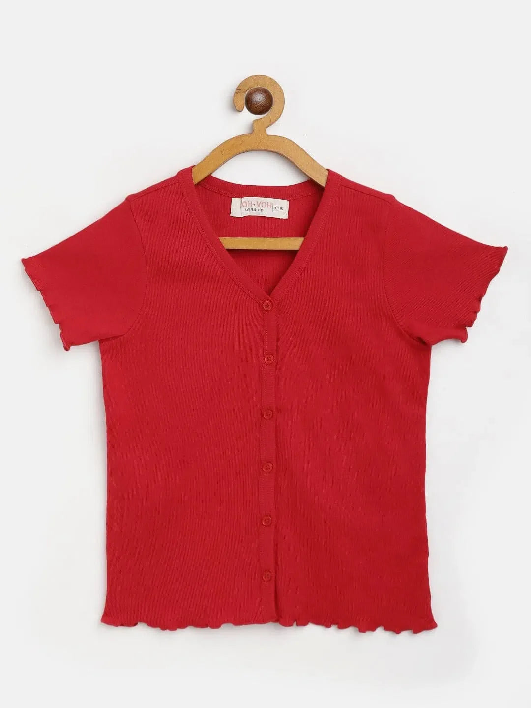 Red Rib Button V-Neck Top for Girls | Kids Clothing
