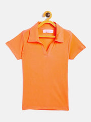 Girls Orange Polo Neck Rib Top