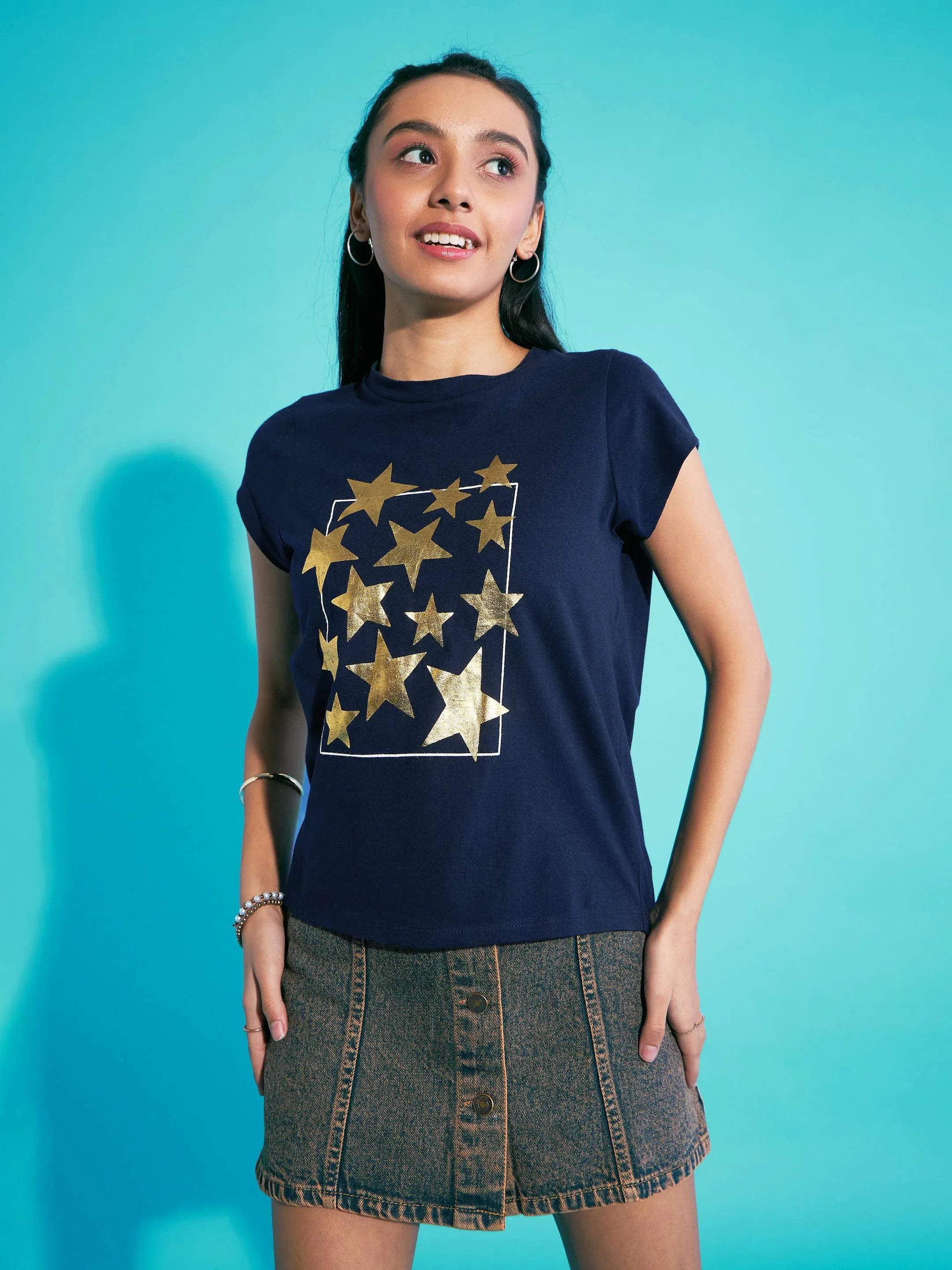 Girls Navy Stars Print T-Shirt and Mini Skirt Set | Girls Jeans
