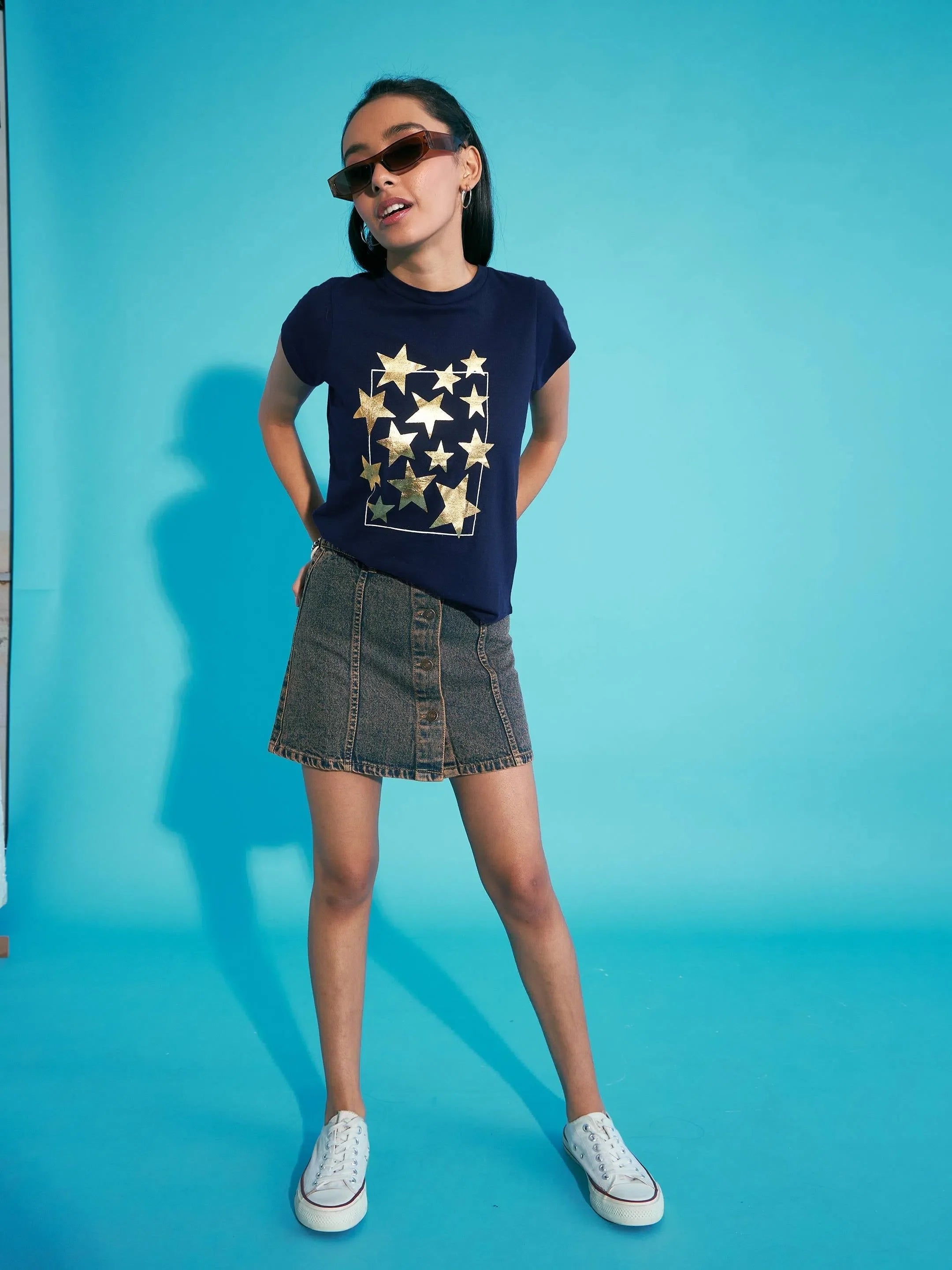 Girls Navy Stars Print T-Shirt and Mini Skirt Set | Girls Jeans