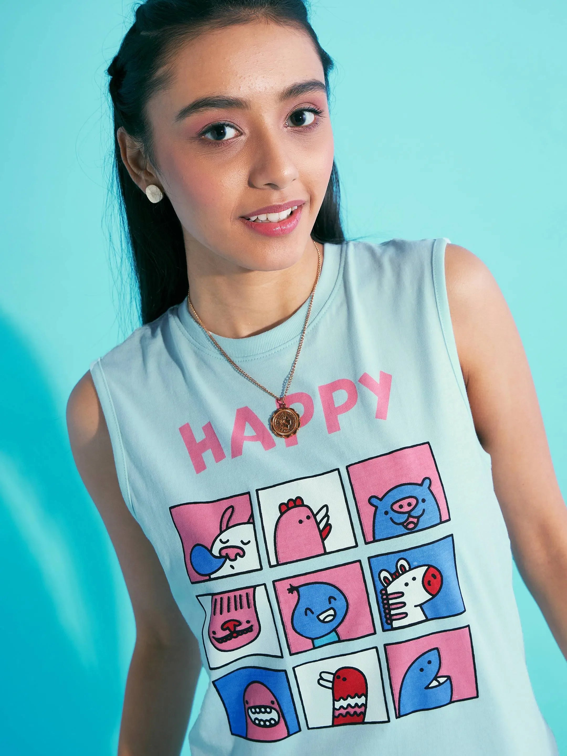 Girls Blue Happy Print T-Shirt & Pink Skorts Set | Kids Dresses