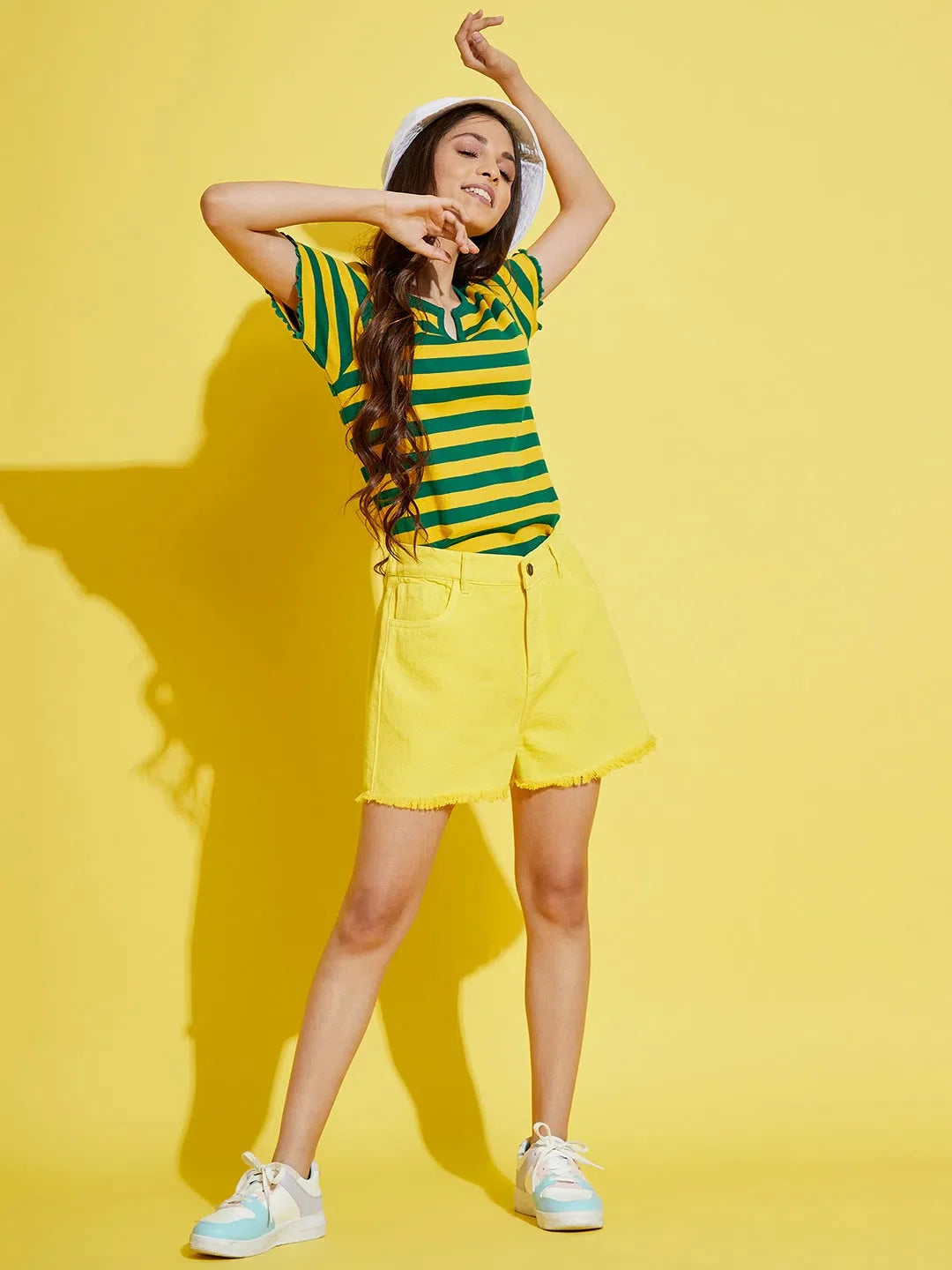 Green & Yellow Stripes V-Neck Top | Kids Clothing