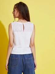 Girls White Sleeveless Schiffli Yoke Crop Top