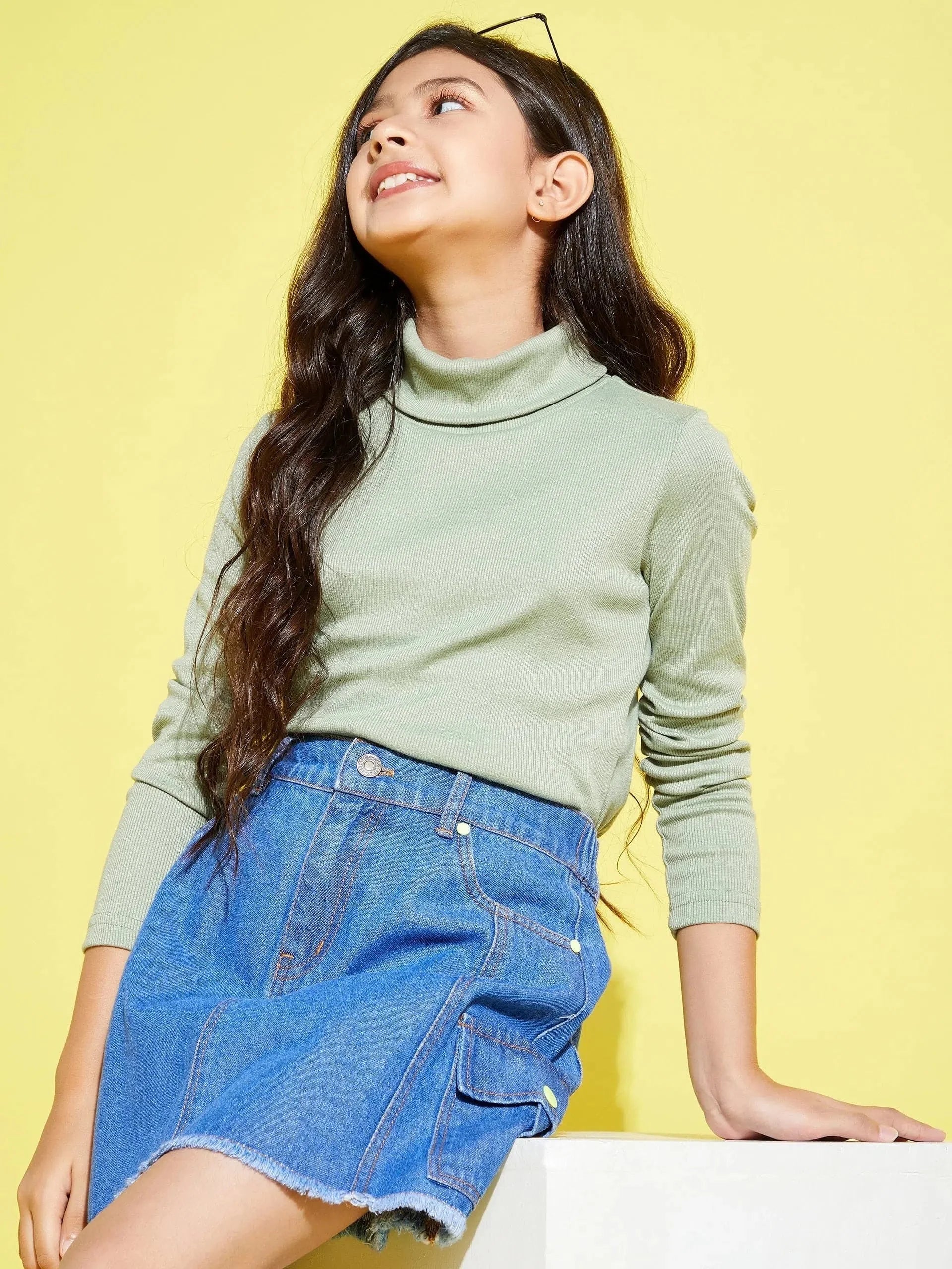 Olive High Neck Rib Top for Girls | Cute Kids Clothing