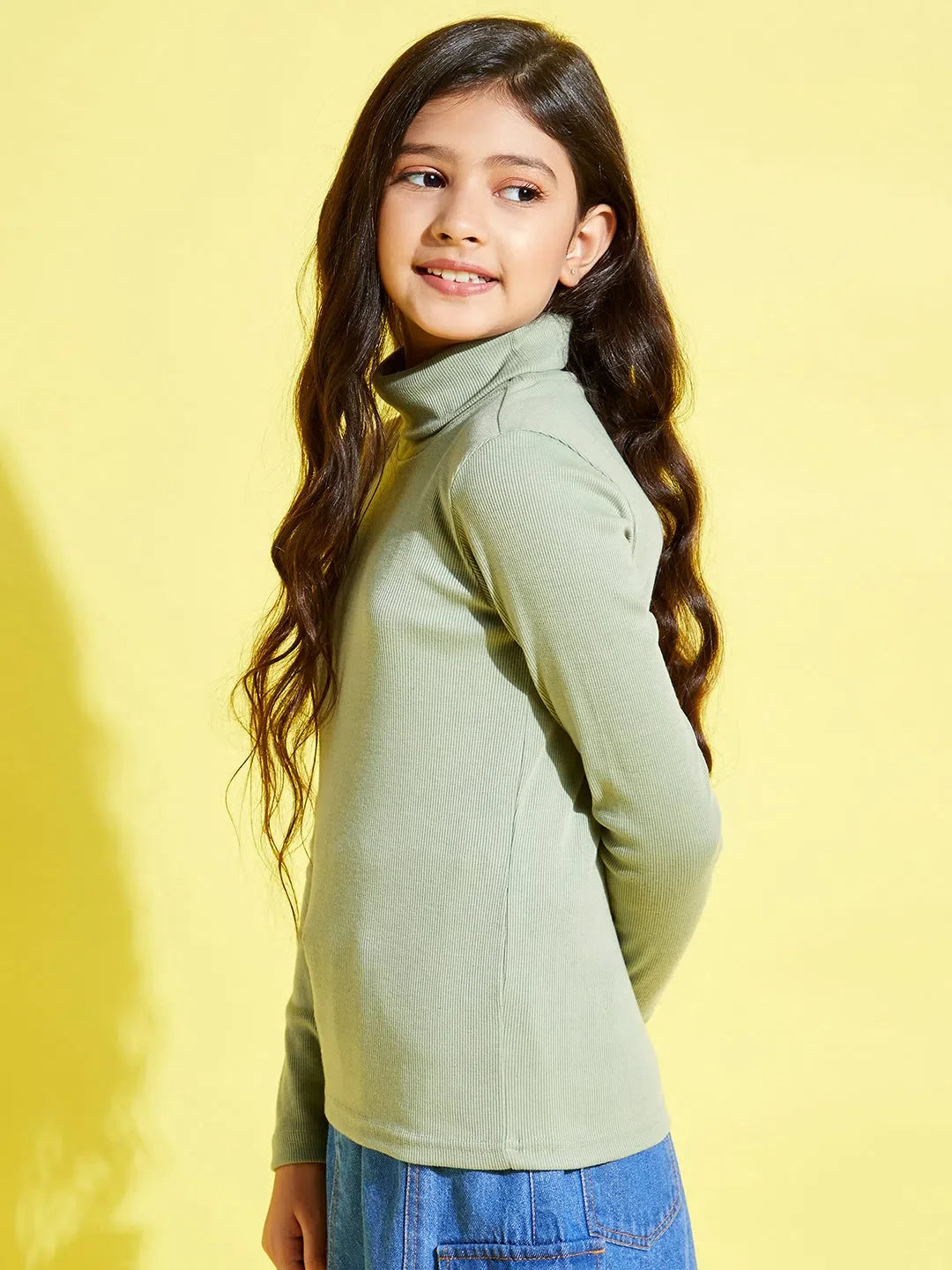 Olive High Neck Rib Top for Girls | Cute Kids Clothing