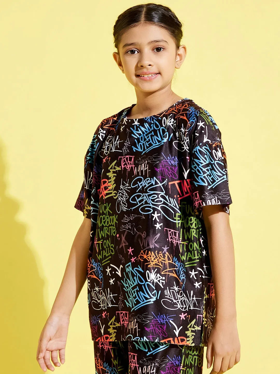 Black Text Print Drop Shoulder Top | Girls Kids Clothing